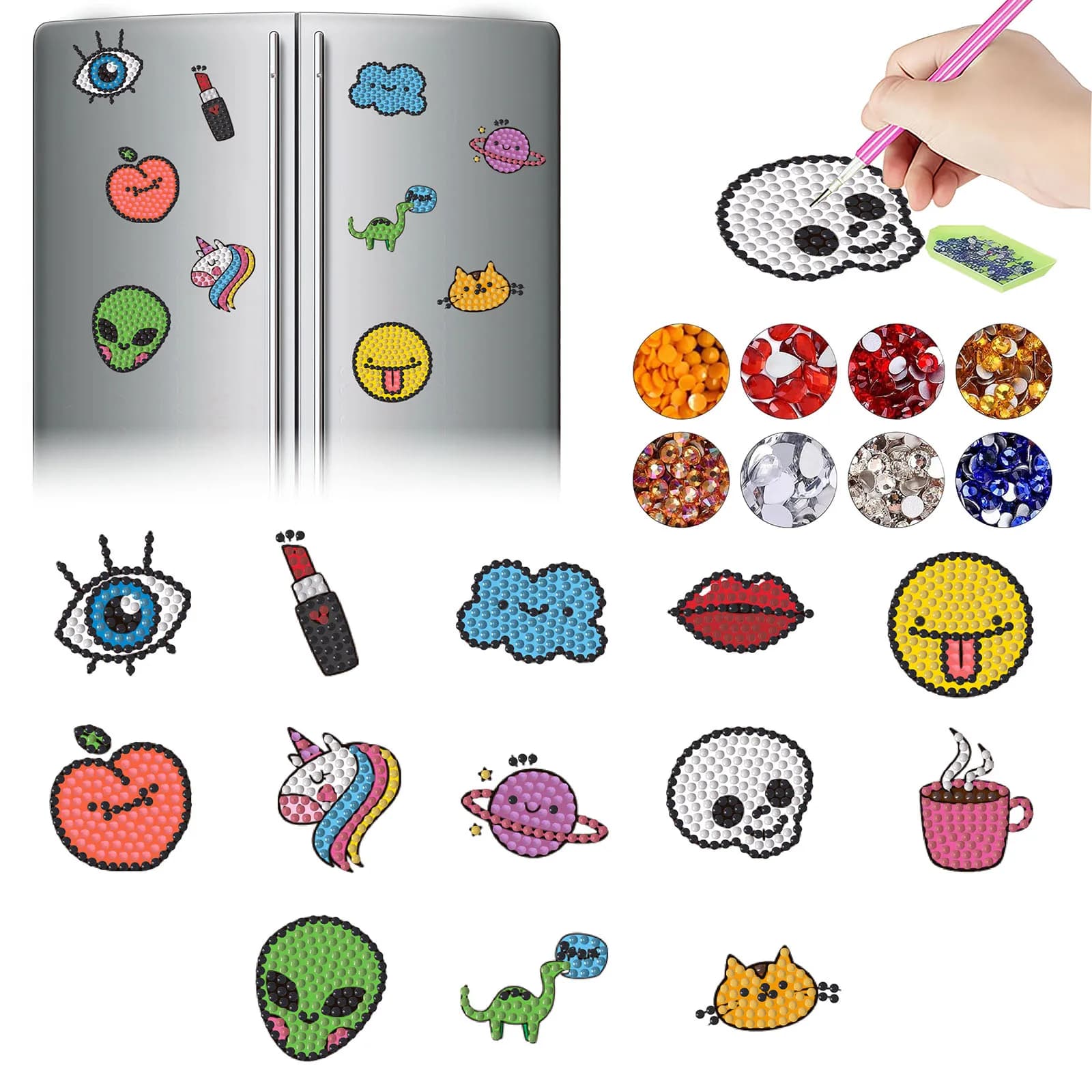 13 sets of DIY diamond art painting kits, acrylic material cartoon-themed magnets for decorative fridge stickers.