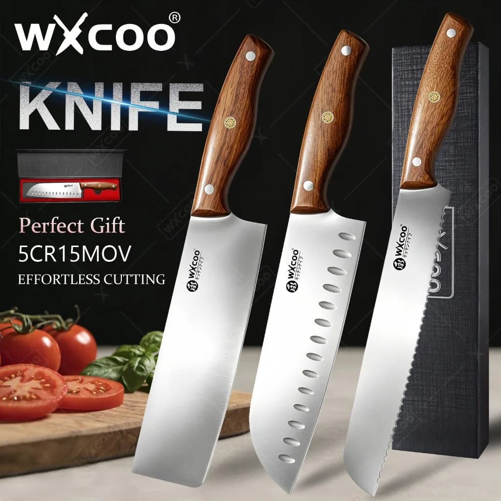WXCOO Set di Coltelli da Cucina: Santoku, Coltello per Carne, Coltello per Pane, Coltello per Verdure e Pesce, Utensili da Cucina in Acciaio Inossidabile