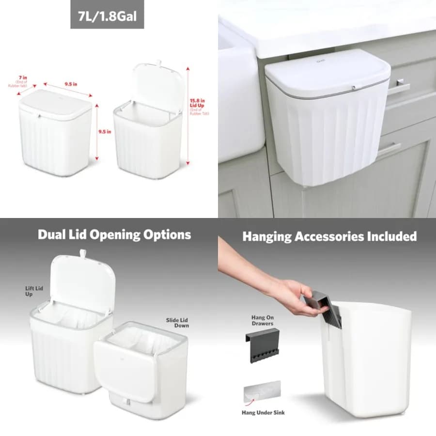 Cestino per rifiuti sottolavello Roomate | Cestino Salvaspazio per Cucina, Bagno o Ufficio | Doppio coperchio per facilitare l'apertura, 7 litri, bianco