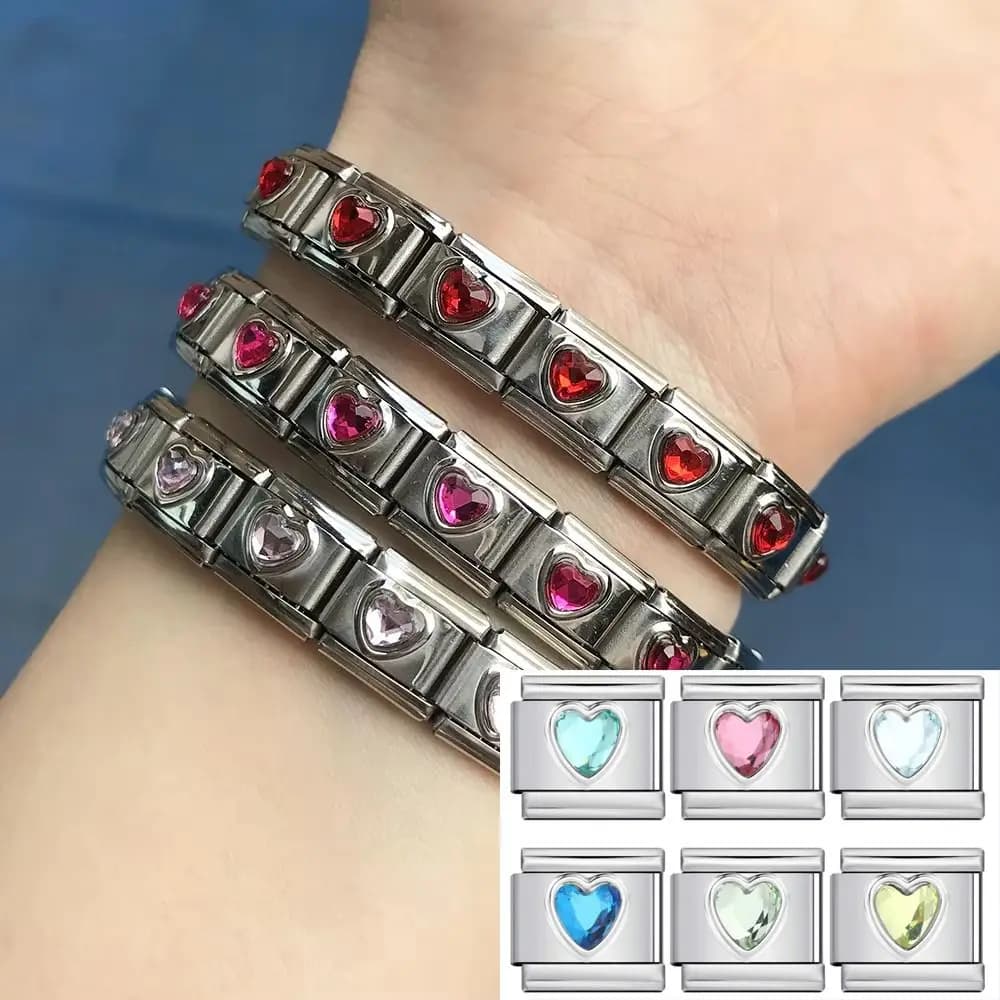 Modulo braccialetto gioielli fai-da-te Braccialetti con ciondoli italiani con zirconi colorati che creano braccialetti a forma di cuore in acciaio inossidabile