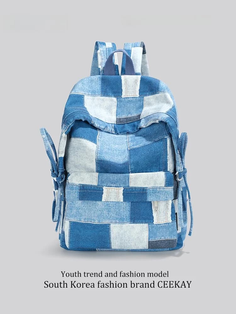 Ceekay Super Lightweight Large Capacity Denim Color Block School Bag Women's Sweet College Style Backpack High Aesthetic Value