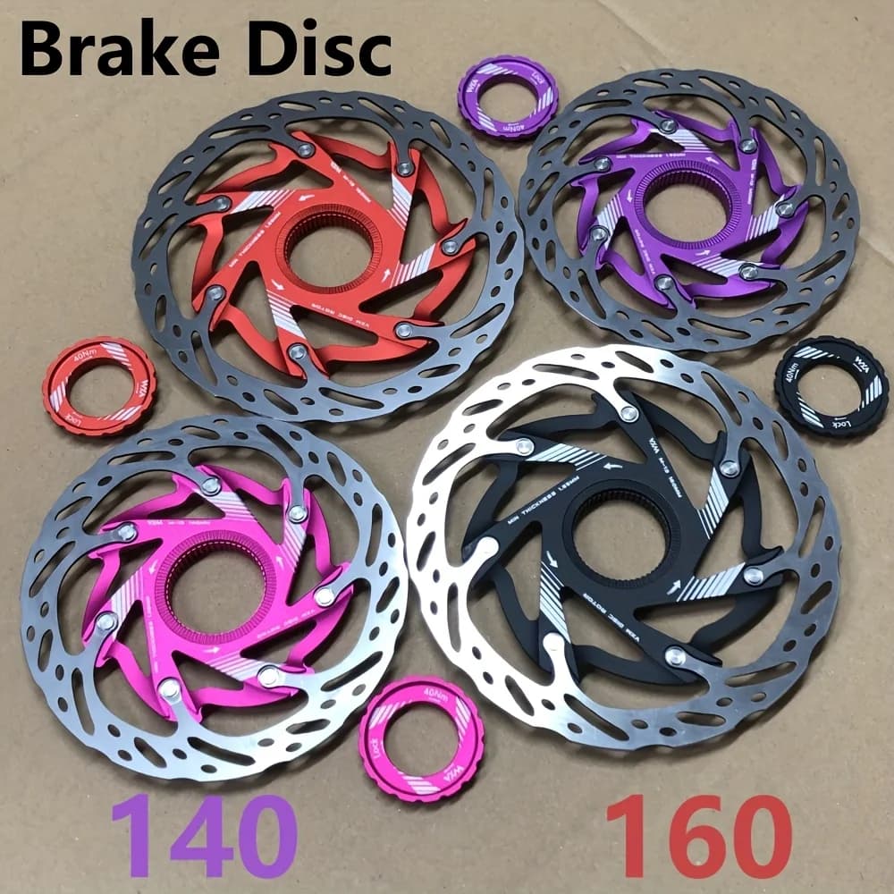 VXM Bicycle Brake Disc, 140mm/160mm Center Lock Disc Brake Rotor, Featuring a Silver Stainless Steel Outer Frame and Colored Alu
