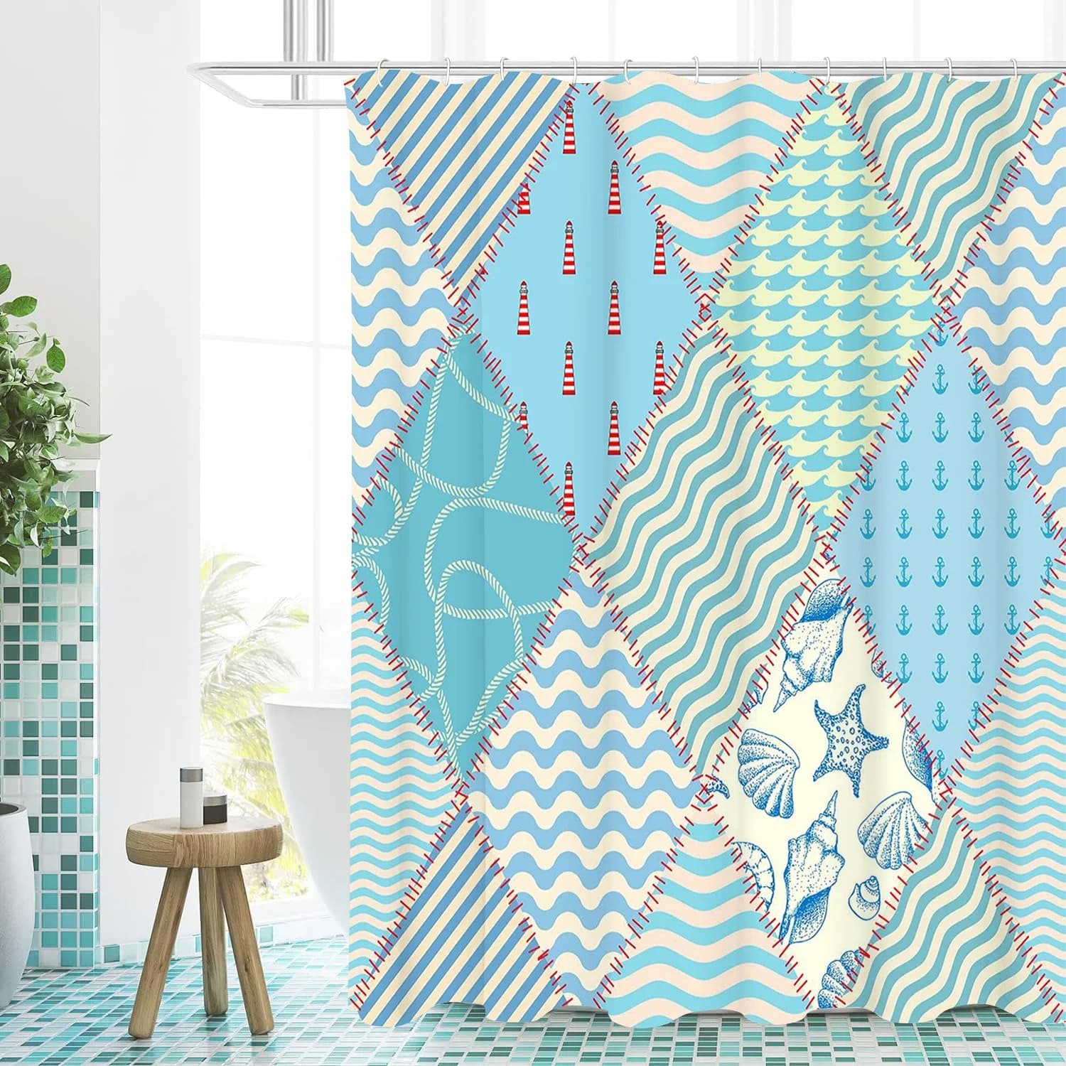 Tenda da bagno con motivo geometrico Lettere da bagno Tenda da doccia impermeabile con 12 ganci Pesci Home Deco
