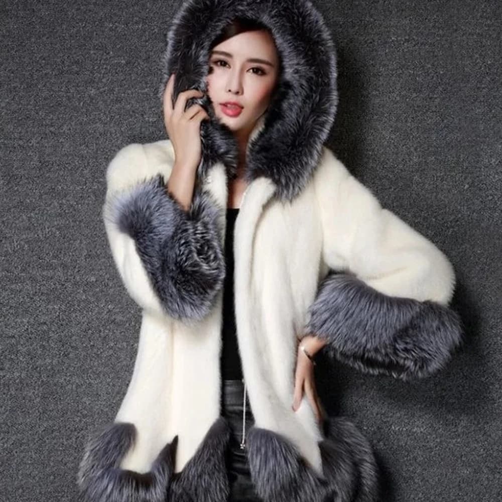 Hooded Loose Faux Fur Jacket for Women Autumn Winter Korean Thicken Long Sleeve Coat Warm Luxury Furry Outerwear