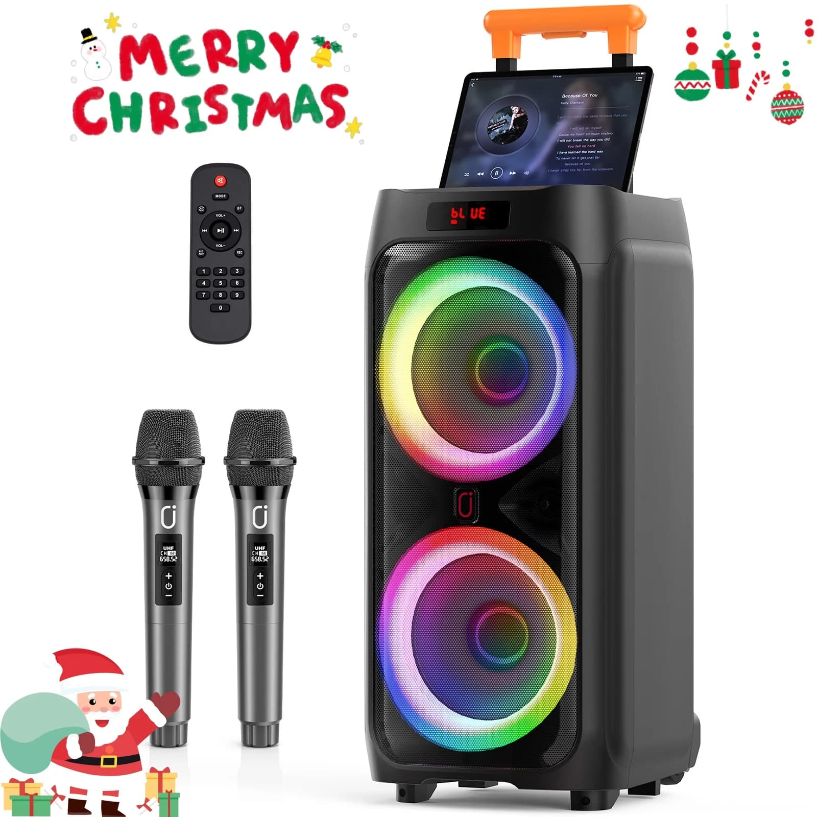 Macchina per karaoke T9 con 2 microfoni wireless, doppio altoparlante Bluetooth con subwoofer da 8" con potenza di picco da 500 W