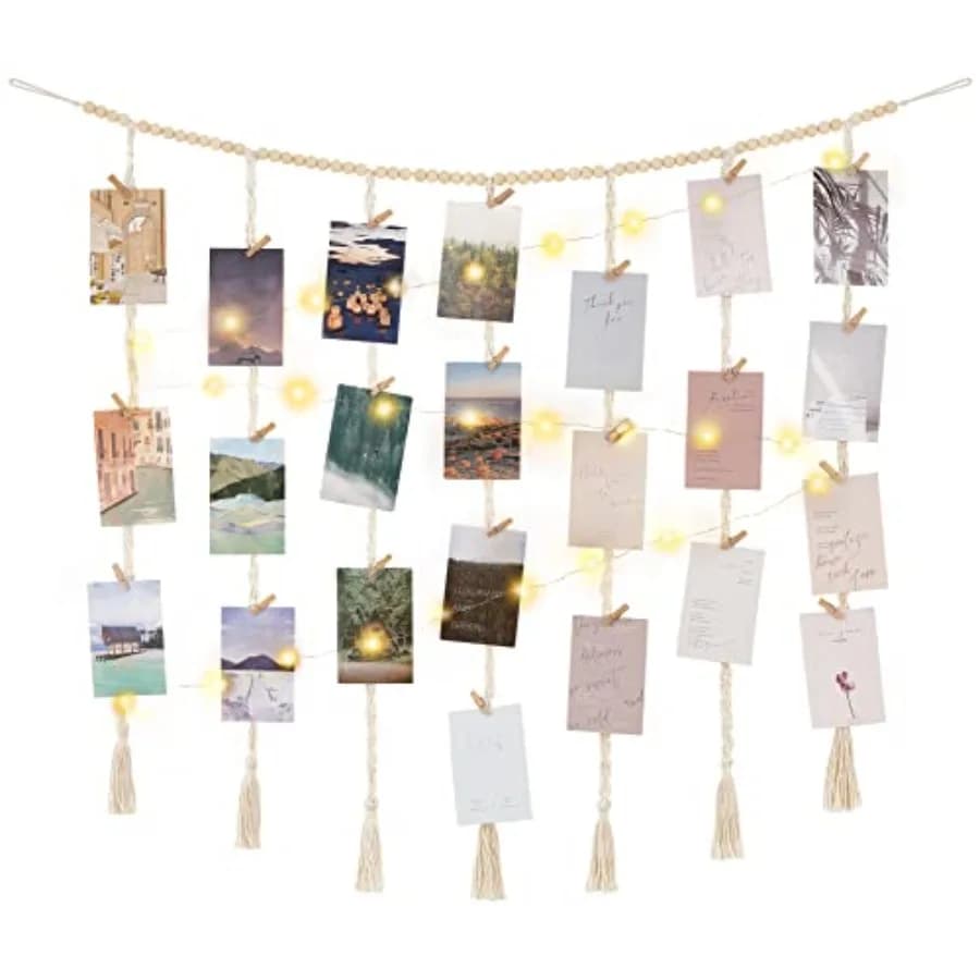 Macrame Hanging Photo Display Wall Decor with String Lights, Boho Wooden Beads Garland Collage Picture Card Frame Holder with 4