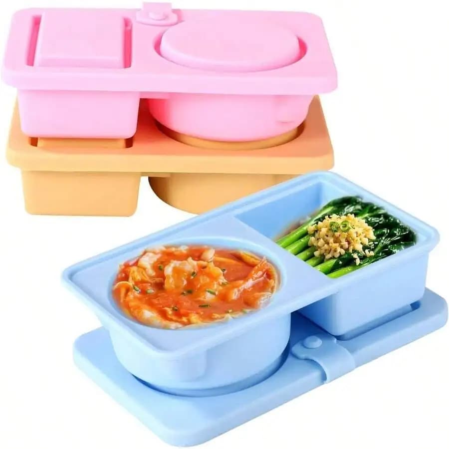 Contenitori per snack riutilizzabili da 3 pezzi, scatole per snack in silicone a doppio scomparto con coperchio, contenitori per condimenti riutilizzabili, adatti per frutta, pane, biscotti, marmellata, yogurt, insalata, 3 colori