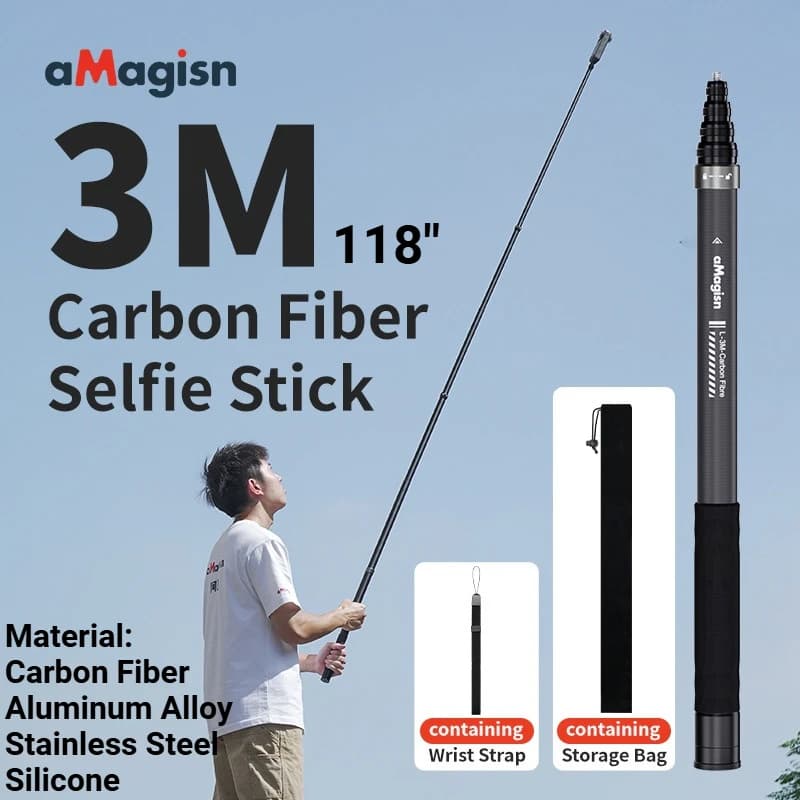 Asta per Selfie aMagisn 1.2M/3M Invisibile Retrattile in Fibra di Carbonio Monopiede Estensibile per Accessori Gopro/Insta360 X3 X4 X5