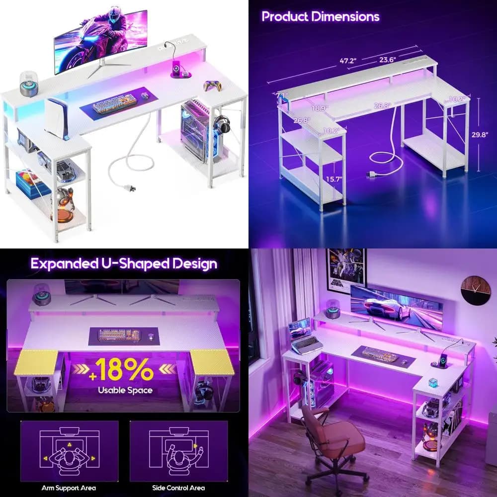 U-shaped 48 LED gaming desk with power outlet, monitor and storage support for PC games