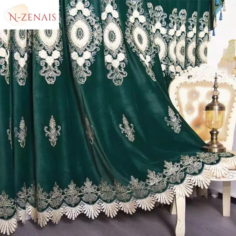 Custom Size！！European Style Luxury Dark Green Velvet Embroidered Blackout Elegant Curtains for Living Dining Room Bedroom Decor