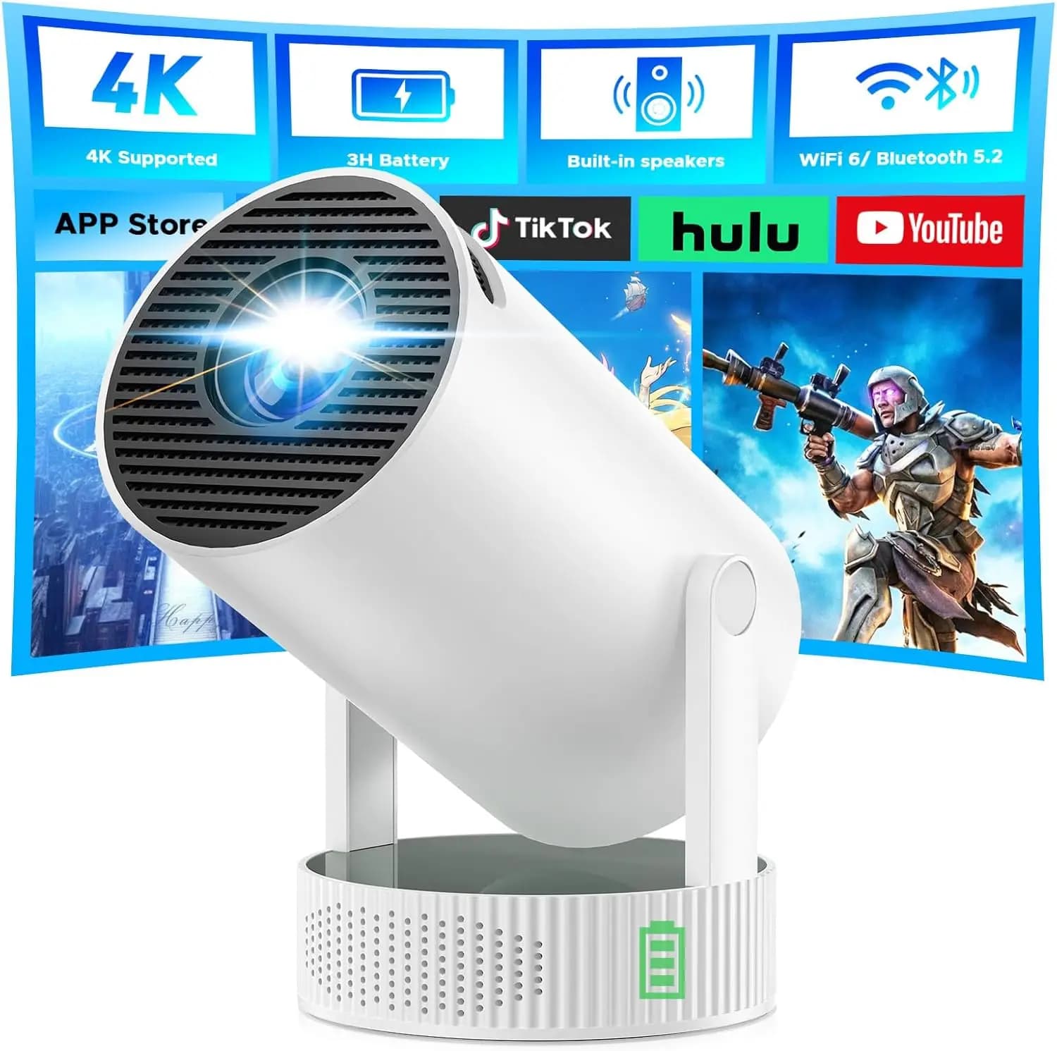 Mini Proiettore con Wifi e Bluetooth, 4K Portatile per Esterni e Camera da Letto, Compatibile con iPhone, TV Stick, HDMI, Laptop