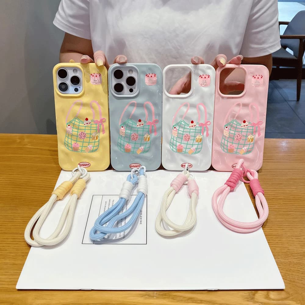 Simple Cute Blue Shopping Bag Wrinkle Texture Lanyard Phone Case For iPhone 17 Air 16 15 14 13 12 11 Pro Max Candy Color Cover