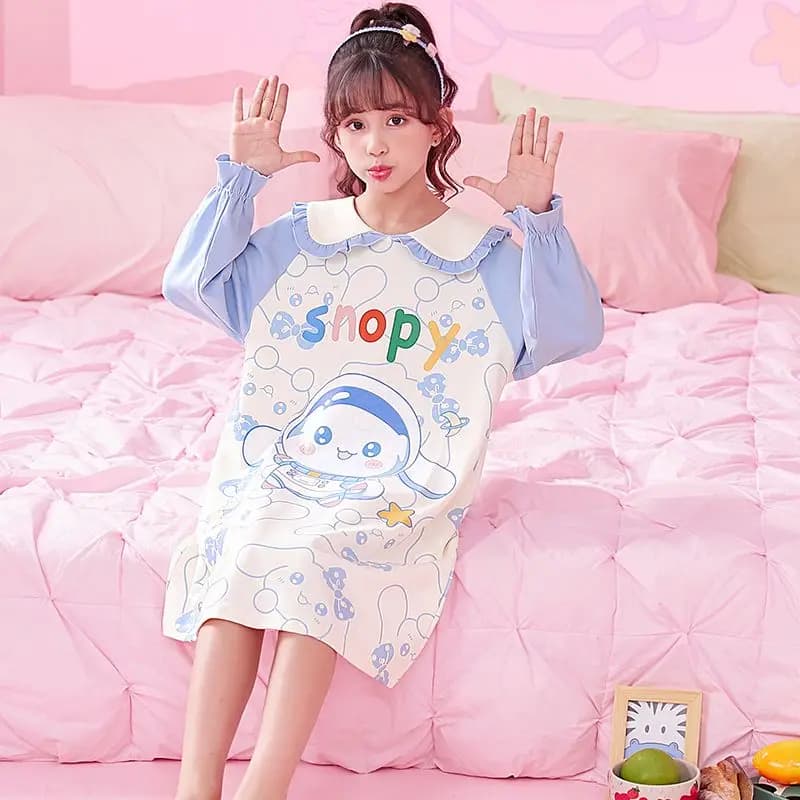 Sanrio Cinnamoroll Hello Kitty Pompompurin My Melody Kuromi Pochacco Camicia da notte a maniche lunghe in cotone leggero per ragazze Homewear