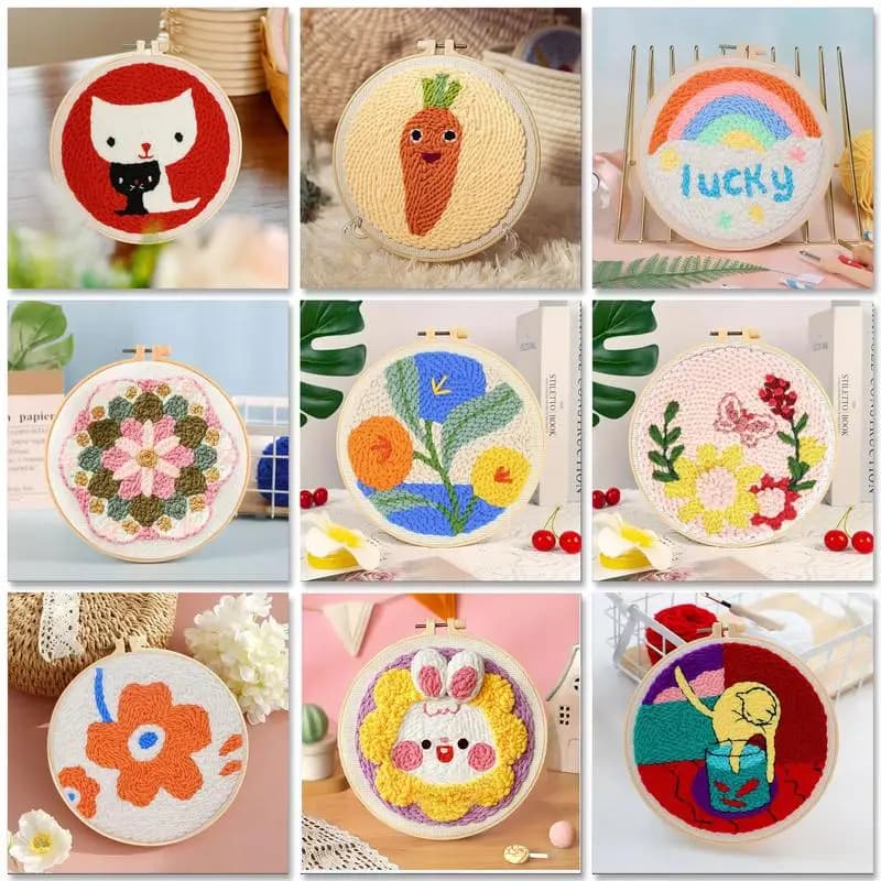 Funny Punch Needle Embroidery Kits with Flower Pattern Clothes, Needle,Threader Art Handmaking Sewing Needles Sewing Accessories