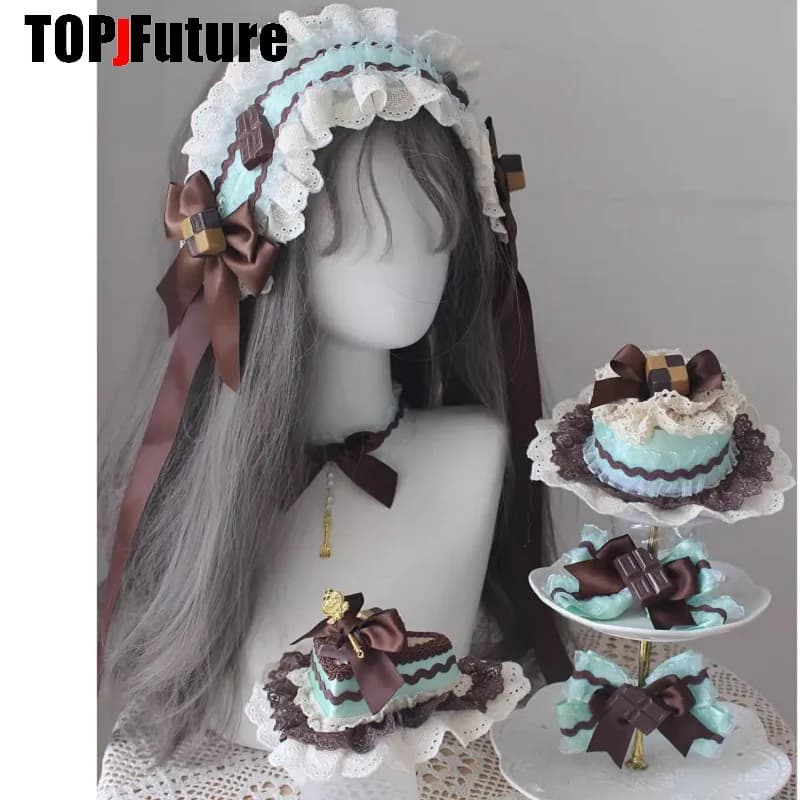 Mint Chocolate Cake Elegant Y2K Girl Women Multi Layers Harajuku Gothic Sweet Bows Lace Hair Accessories Hairpin KC Headband