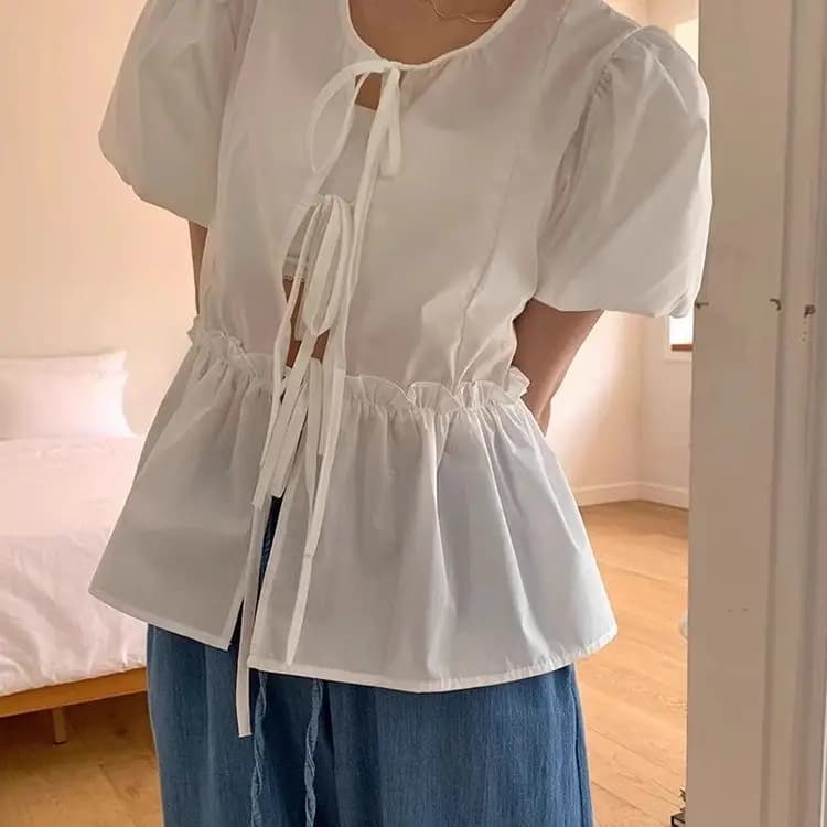 Short-sleeved shirt with round neckline and lace inserts, with wavy edge, white, for woman