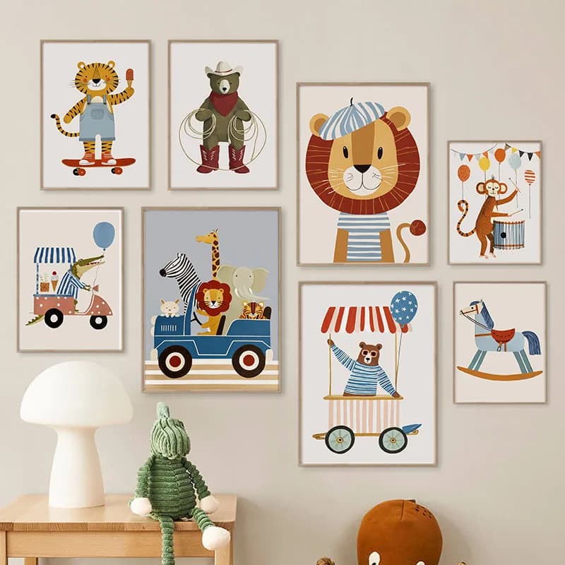 Funny Cartoon Animal Car Balloon Nursery Wall Art Canvas Painting Lion Bear Tiger Posters & Prints Pictures Baby Kids Room Decor