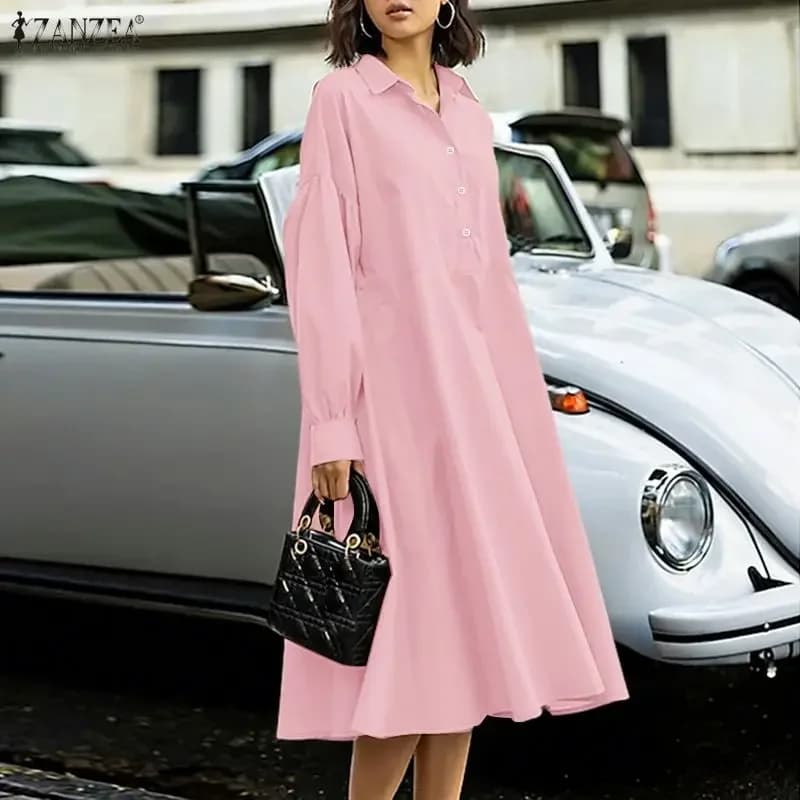 ZANZEA Elegant Women Long Lantern Sleeve Work Dresses 2026 Spring Shirt Dress Buttons Up Midi Robe Stylish Solid A Line Sundress