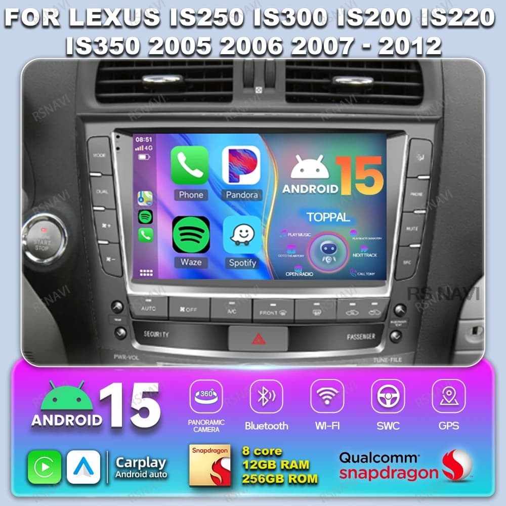 Autoradio Android 15 Per Lexus IS250 IS300 IS200 IS220 IS350 2005 - 2010 2011 2012 Autoradio Qualcomm Wireless QLED Multimedia