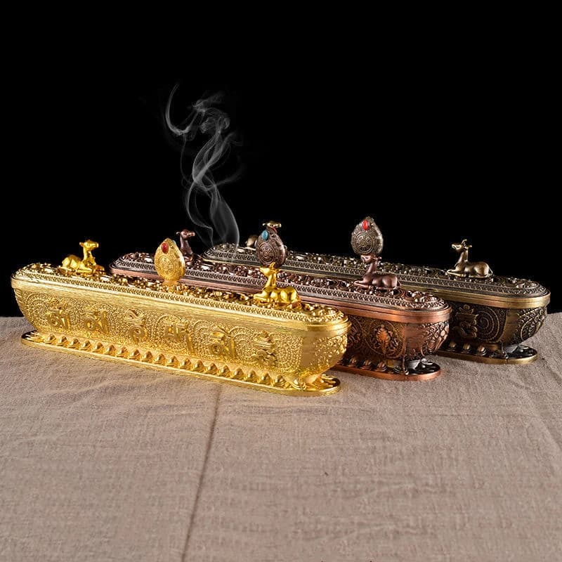 Bruciatore di incenso in lega dorata per incenso sanscrito, stile buddista tibetano, per interni, con incisioni, per meditazione, templi, forniture per fumo, ornamenti.