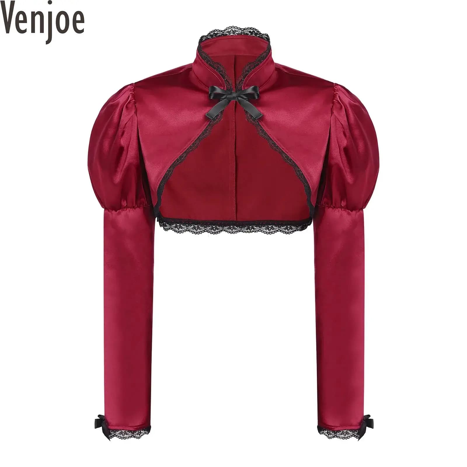 Womens Halloween Gothic Cosplay Costume Satin Bolero Shrug Tops Lace Trim Bow Decor Short Cape Jacket Victorian Bolero Shrug