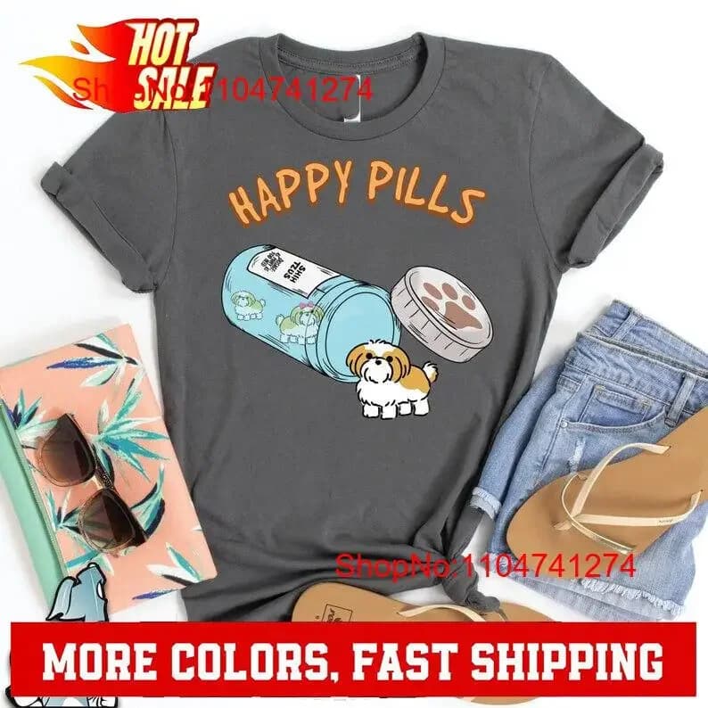 Shih Tzu Happy Pills T Shirt Dog's Pet Owne vintage lavato Top versatile per l'uso quotidiano Streetwear allungato