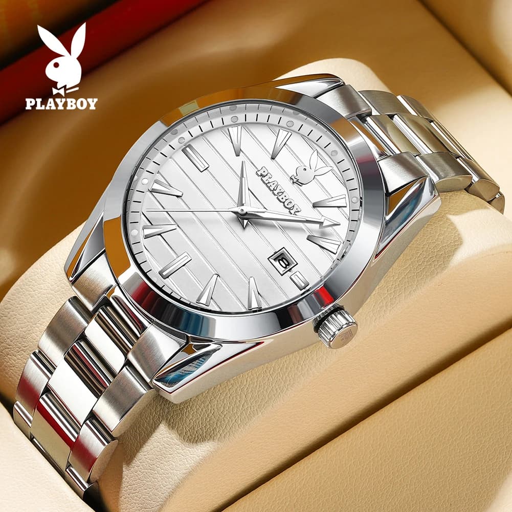 PLAYBOY 3301 Classic Fashion Quartz Movement Watch Night Light Steel Strap Luminous Function Calendar Window Watch For Men