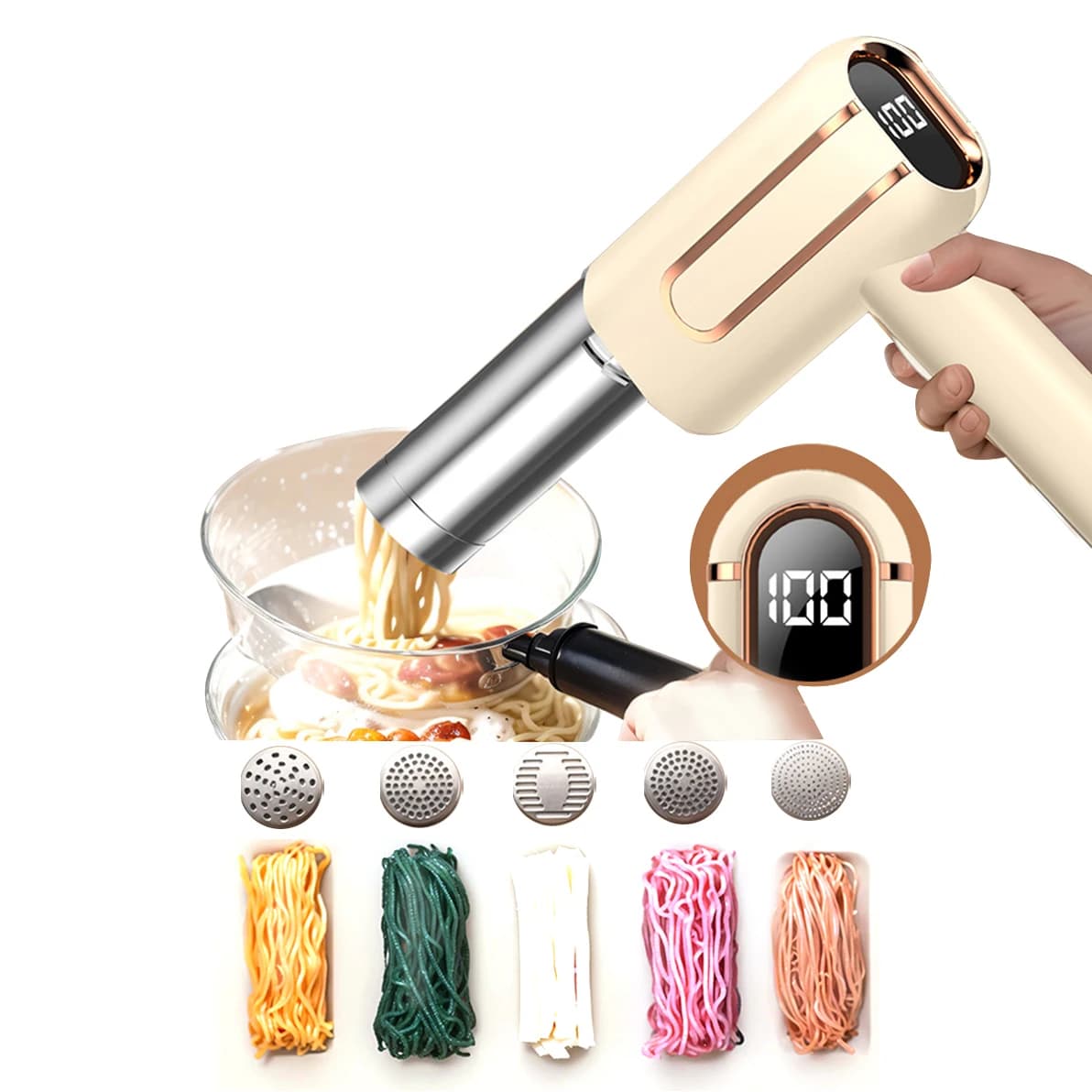 Macchina Elettrica Portatile per Pasta e Ramen con 5 Stampi, Senza Fili, USB, Automatica, 4000mAh, per Cucina Domestica