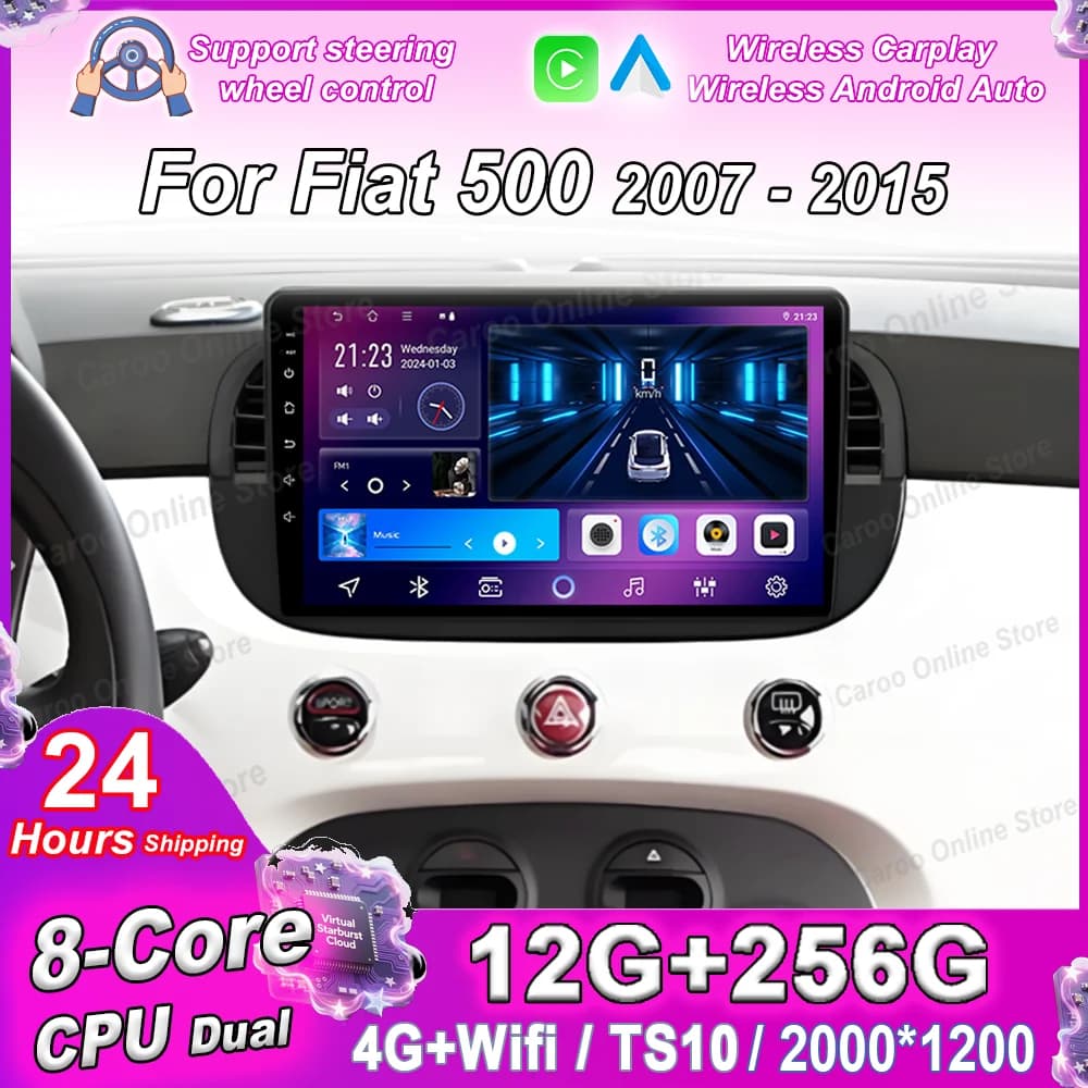 Autoradio Android 16 per Fiat 500 2007-2015, Lettore Multimediale Stereo con GPS, Navigazione, Carplay, Bluetooth, NO 2Din