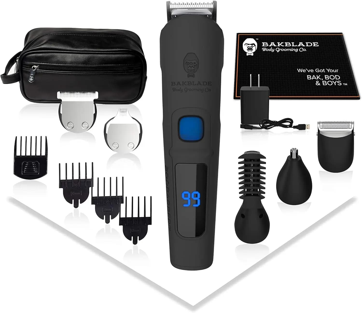 Kit di Cura Maschile 11-in-1 Senza Fili e Impermeabile: Regolabarba, Rasoio per il Corpo, Rimuovi Peli Naso e Orecchie