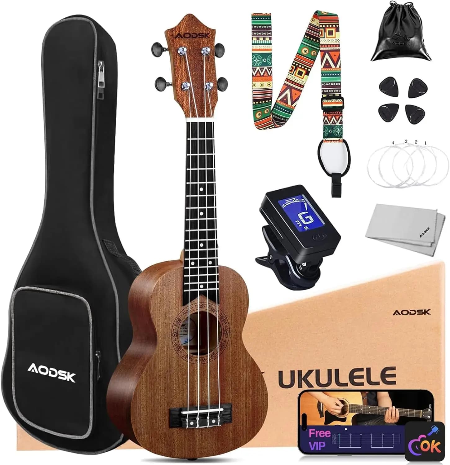 Beginner Concert Ukulele 23-Inch Kit with Gig Bag, Strap, Tuner, Nylon Strings, 4 Picks, Cloth, and Online Lesson - Holiday Gift