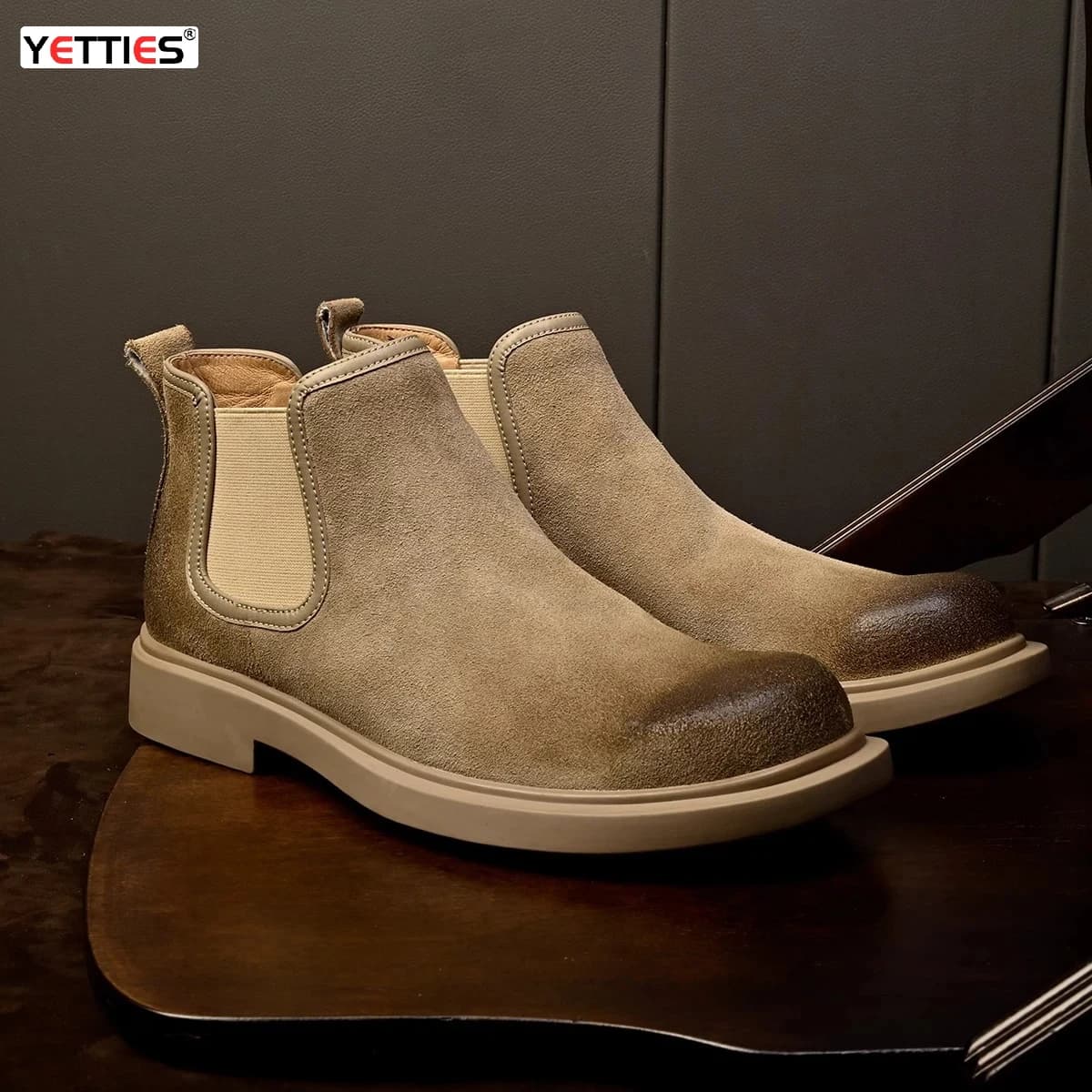 YETTIES Stivali da combattimento Chelsea da uomo, stivali da lavoro slip-on in vera pelle, stivaletti da deserto con suola spessa per l'uso quotidiano