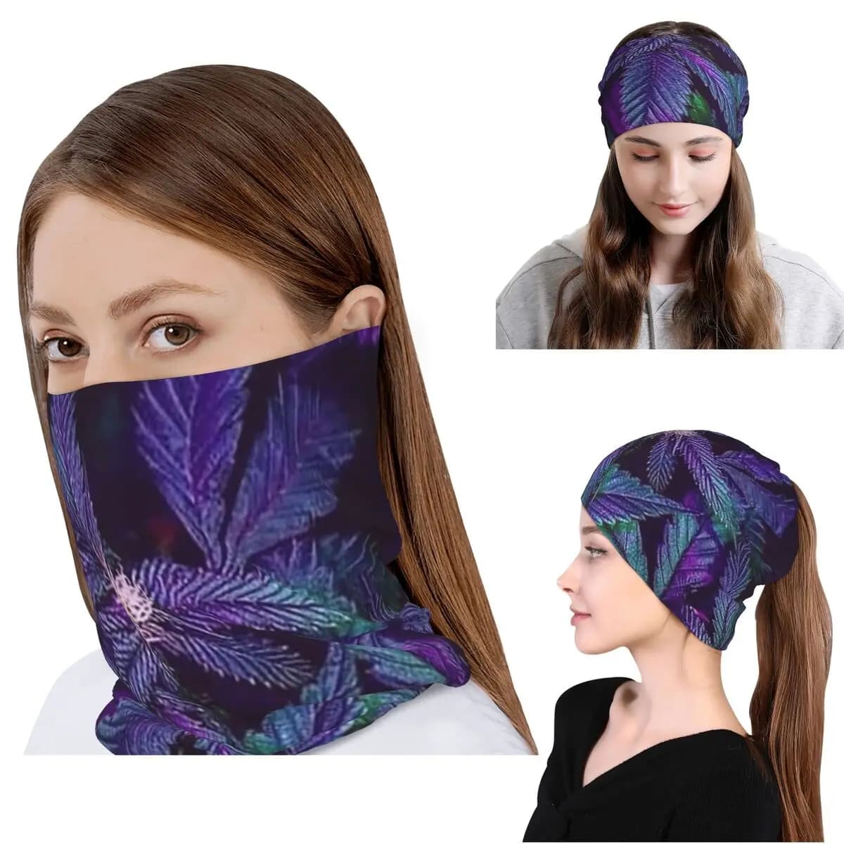 Bandana Multifunzione con Motivo Psichedelico di Foglie di Marijuana Viola, Maschera per il Collo, Sciarpa, Fascia per la Testa, Berretto
