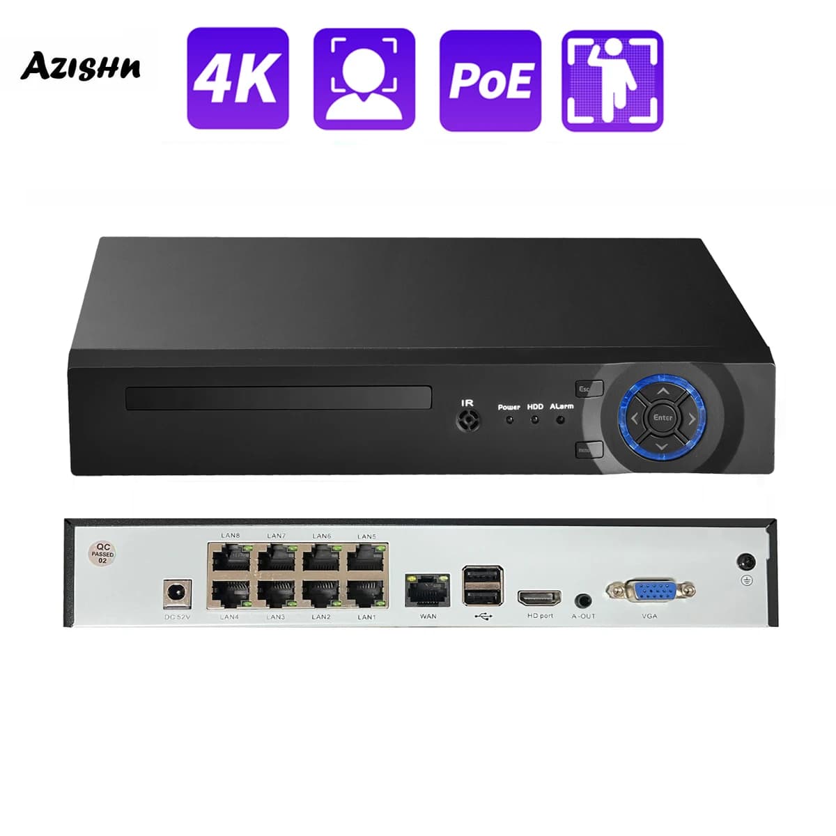 AZISHN H.265 + 4CH 8CH 16CH POE NVR per telecamera di sorveglianza di sicurezza IP sistema CCTV 5MP 8MP 4K registratore Audio Video rilevamento facciale