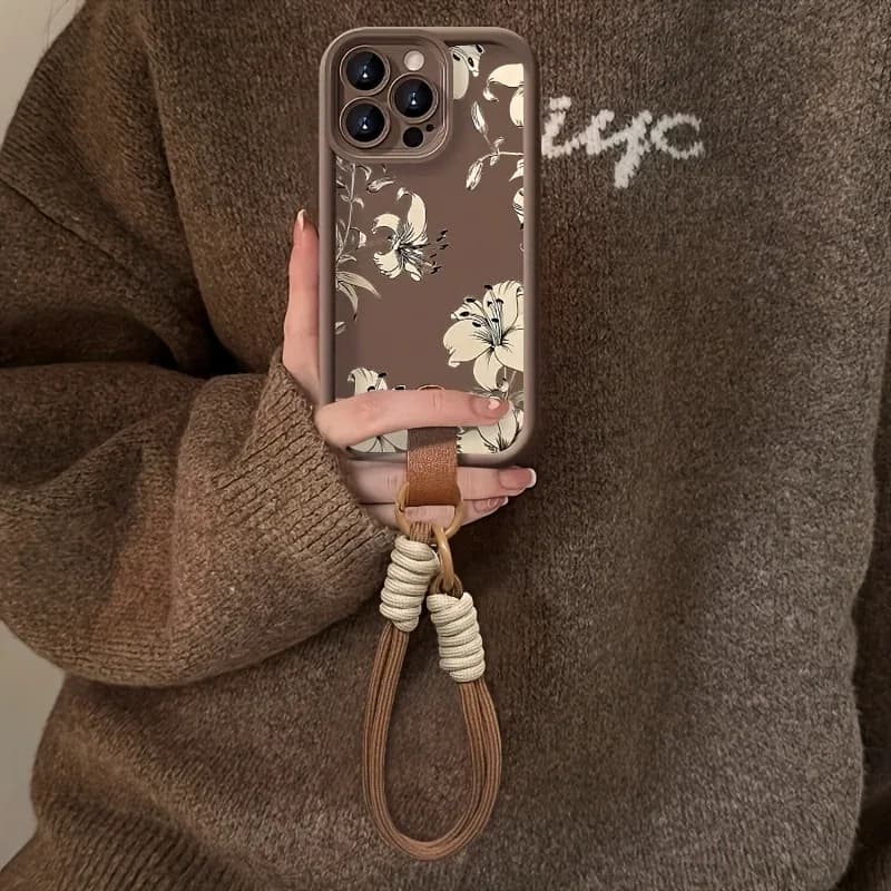 Retro Floral Pattern Soft Lanyard Strap Rope Phone Case For iPhone 17 16 15 14 13 12 11 Pro Max 17E 17 Air 7 8 15 Plus Cover