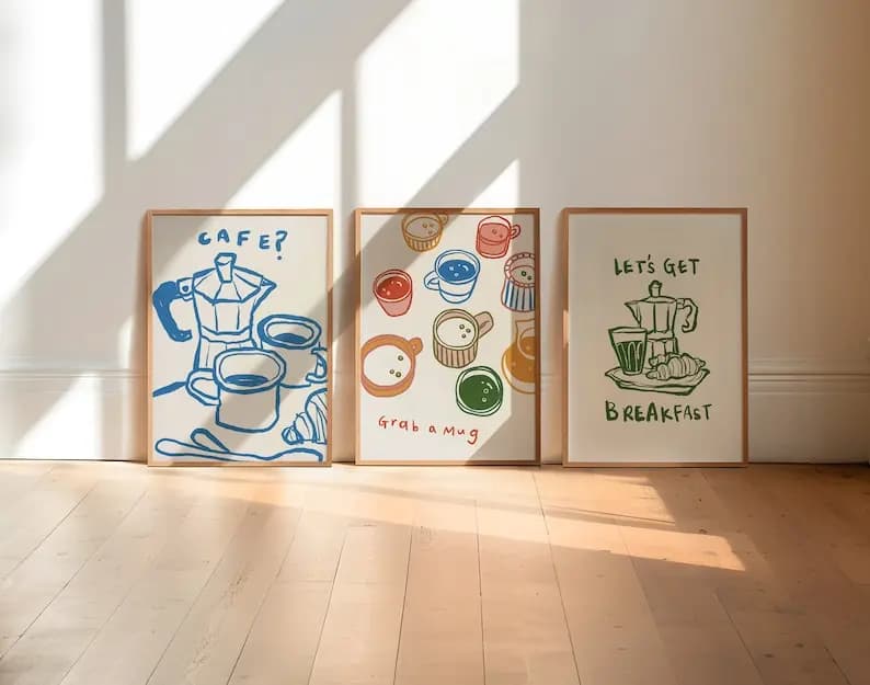 Set of 3 Prints on Modern Tea/Coffee Maker, Painted Prints Without Frame, Poster Trendy for Kitchen Decoration and Living Room