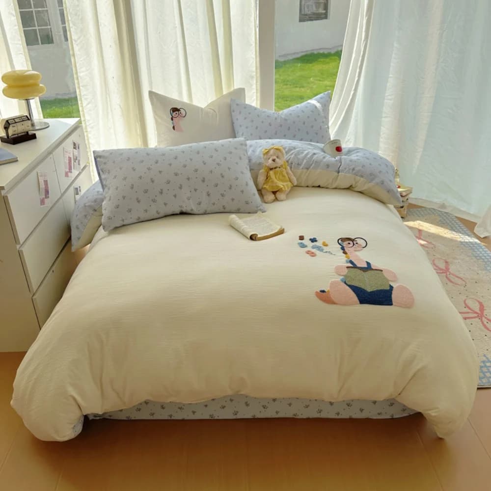 Four Piece Bed Linen Set with Cartoon Embroidery, Comfortable Cover, Bedding and Loyalty, Home Textiles