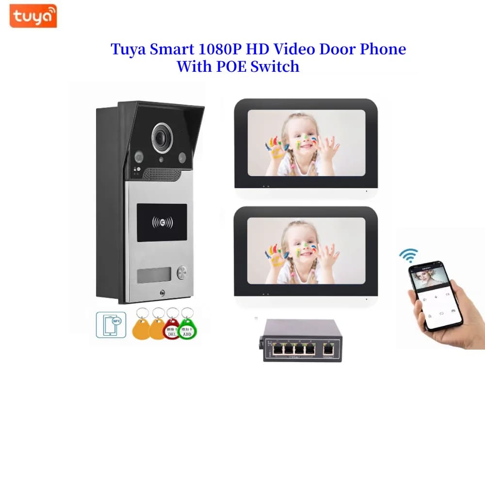 Tuya WIFI Videocitofono con interruttore POE Videocitofono da costruzione 1080P HD Touch Monitor Videocitofono RFID Sblocco Kit telecamera