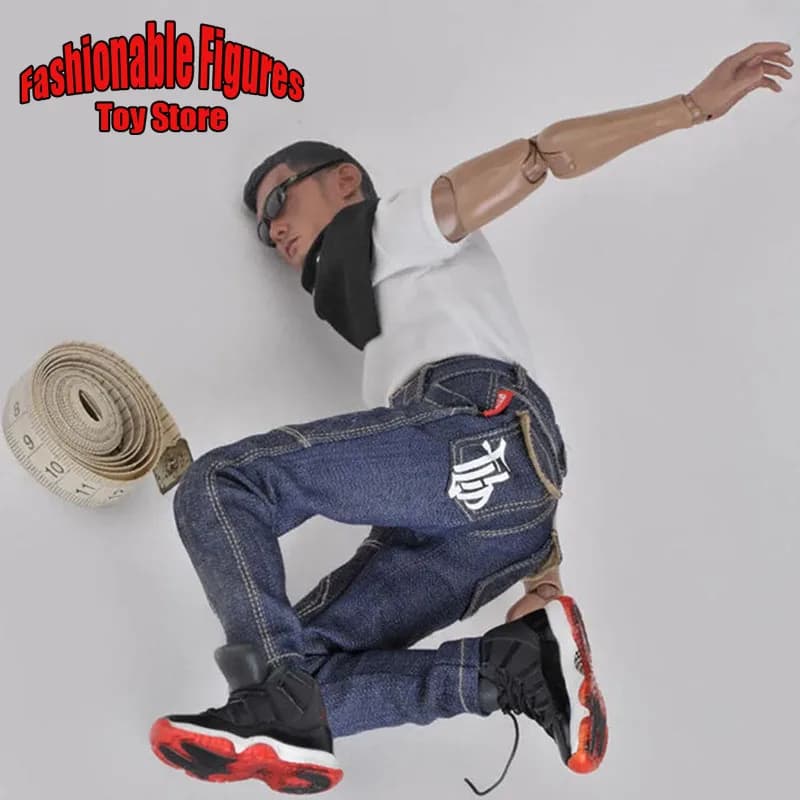 1/6 Male Jeans Pants Hip Hop Fashion Print Male Classic Denim Jeans Pants With Belt For 12'' Action Figure Muscular Body