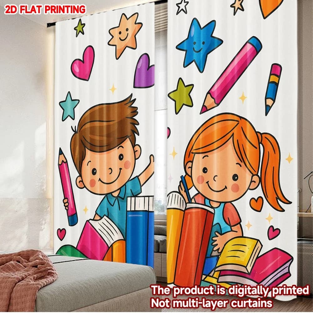 Stampa piatta 2D 2 pezzi Tende Ritorno a scuola Divertenti Tende in poliestere stampate digitali Uso per feste di compleanno per le vacanze all'aperto
