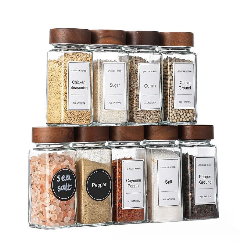 Set di barattoli quadrati per spezie con coperchio in legno, barattoli per spezie con inserto dosatore ed etichette - Contenitori in vetro vuoti per l'organizzazione della cucina