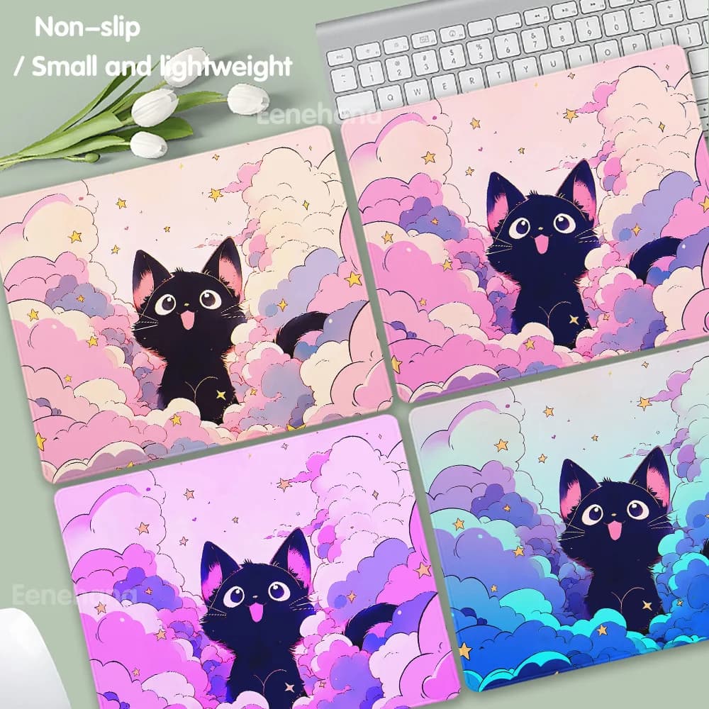 Tappetino per mouse gatto nero Tappetino per scrivania per computer da ufficio piccolo Tavolo Tastiera Nuvole Tappetino Kawaii Cuscino per laptop Tappetini per scrivania antiscivolo con decorazioni rosa