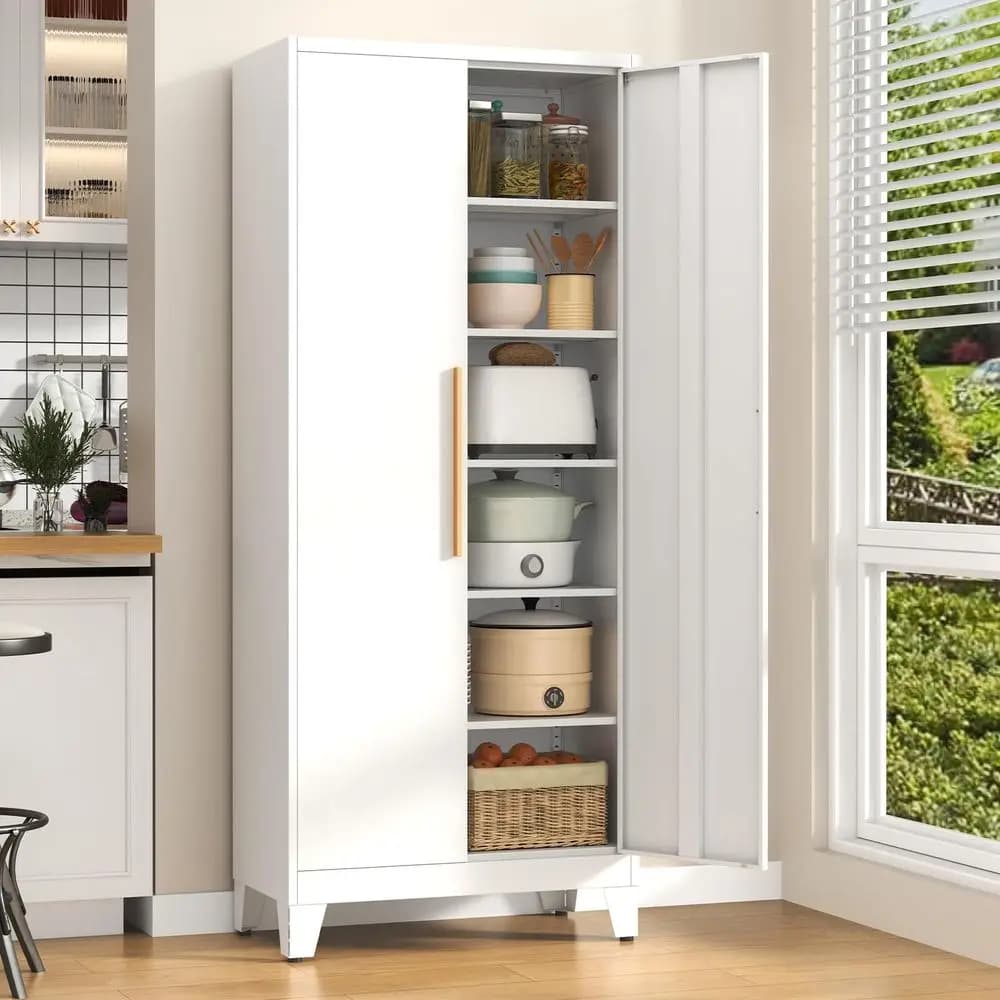 Cabinet high metal kitchen pantry with 5 adjustable shelves and 2 doors, large mobile self-supporting organizer for kitchen