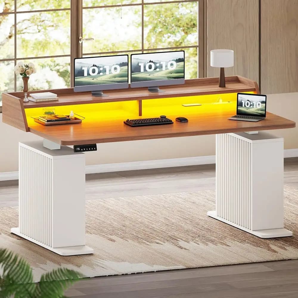 55 Height-Adjustable Standing Desk with Storage, Power Outlets, LED Lights, and Monitor Shelf for Home or Office Use in Brown an