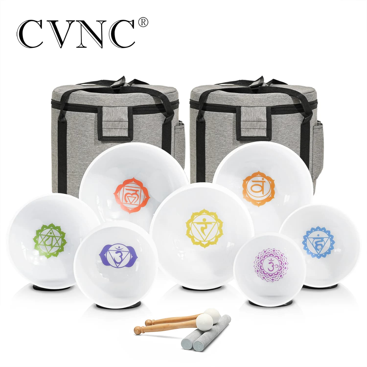 CVNC 432HZ 7-12 Inch Chakra Symbol Design Frosted Quartz Crystal Singing Bowl with 2 PCS Travel Carry Bags for Sound Healing