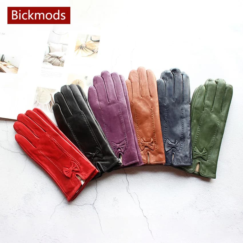 Guanti invernali in pelle colorata calda Guanti da ciclismo all'aperto autunnali in pelle di pecora stile nuovo fiocco alla moda da donna di grandi dimensioni