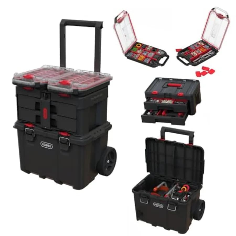 Storage System Tools with Wheels Stack N' Roll to 4 Pieces, Includes Large Tool Box with Wheels, Tool Box with 2 Drawers and 2 Modular Tray Organizers