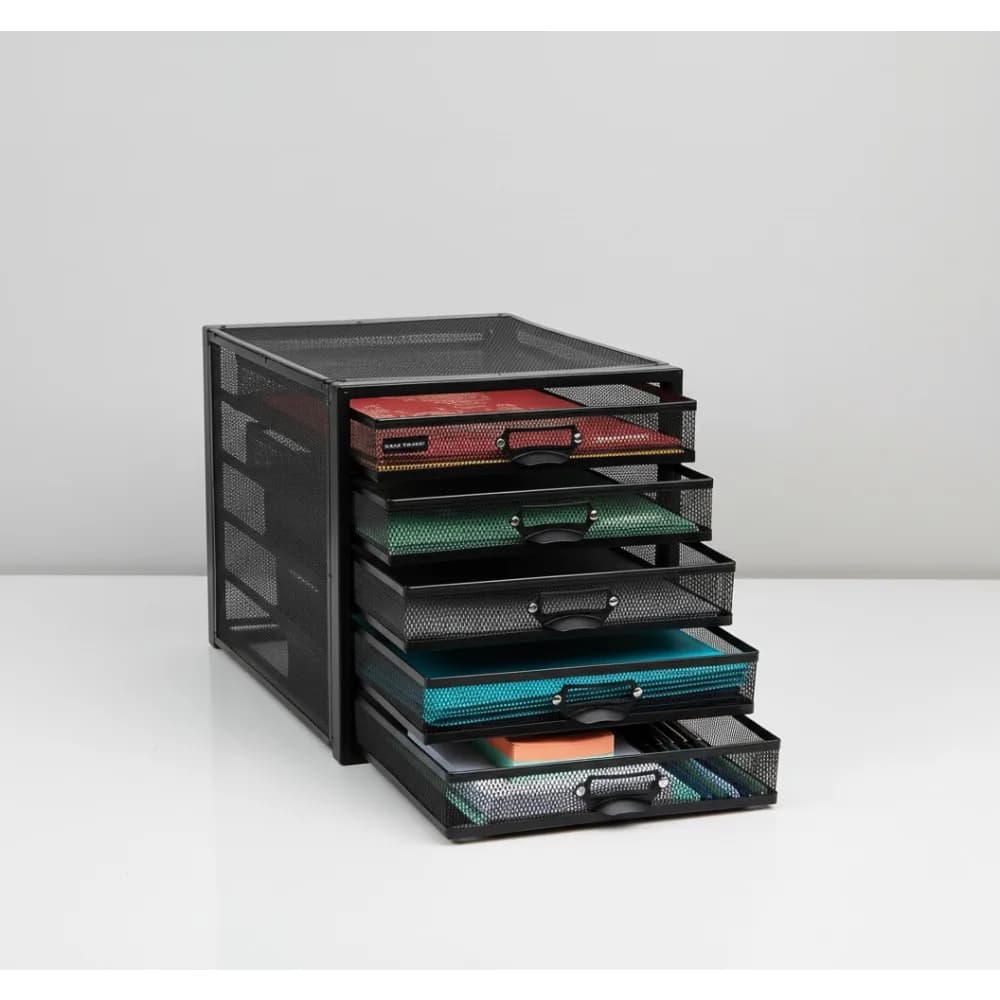 Organizer da scrivania in rete metallica a 5 cassetti, cassetti portaoggetti multiuso per ufficio e artigianato, 11x14x11 pollici Nero