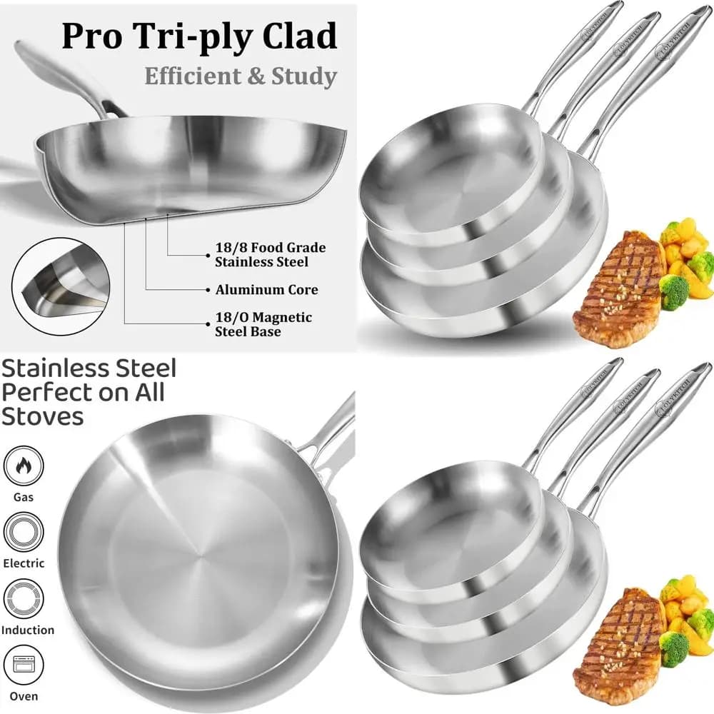 Set of 3 stainless steel pans, 8, 10 and 12 inches, suitable for induction, dishwasher safe, for all types of stoves