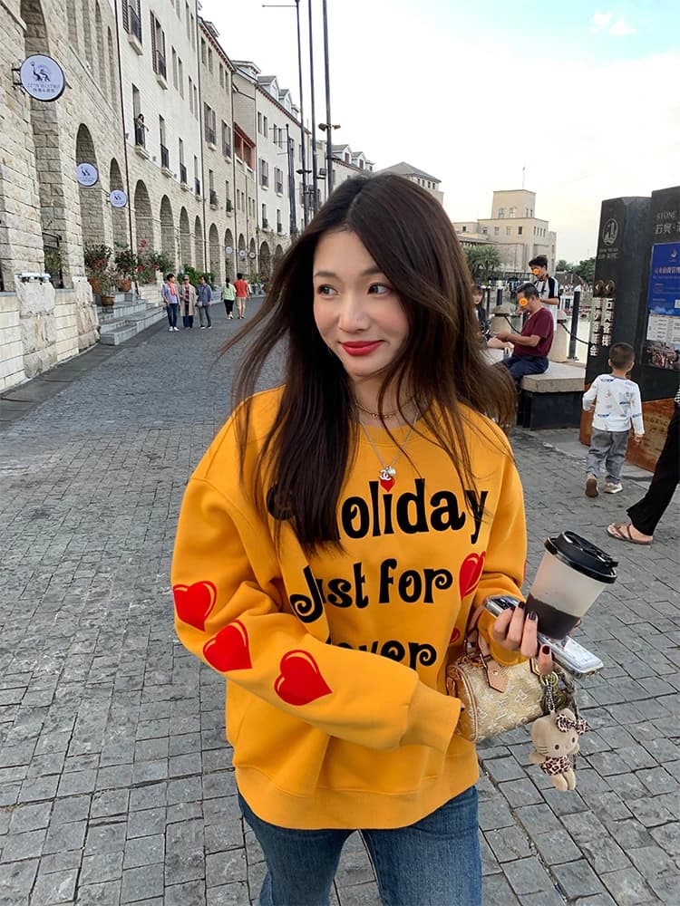 Women's Fleece Lined Oversized Hoodie Autumn Winter Warm Loose Fit Pullover Sweatshirt Korean Style round Neck Long Sleeve